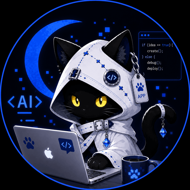 Mizoiのアバター。白いフードを着て開発する黒猫