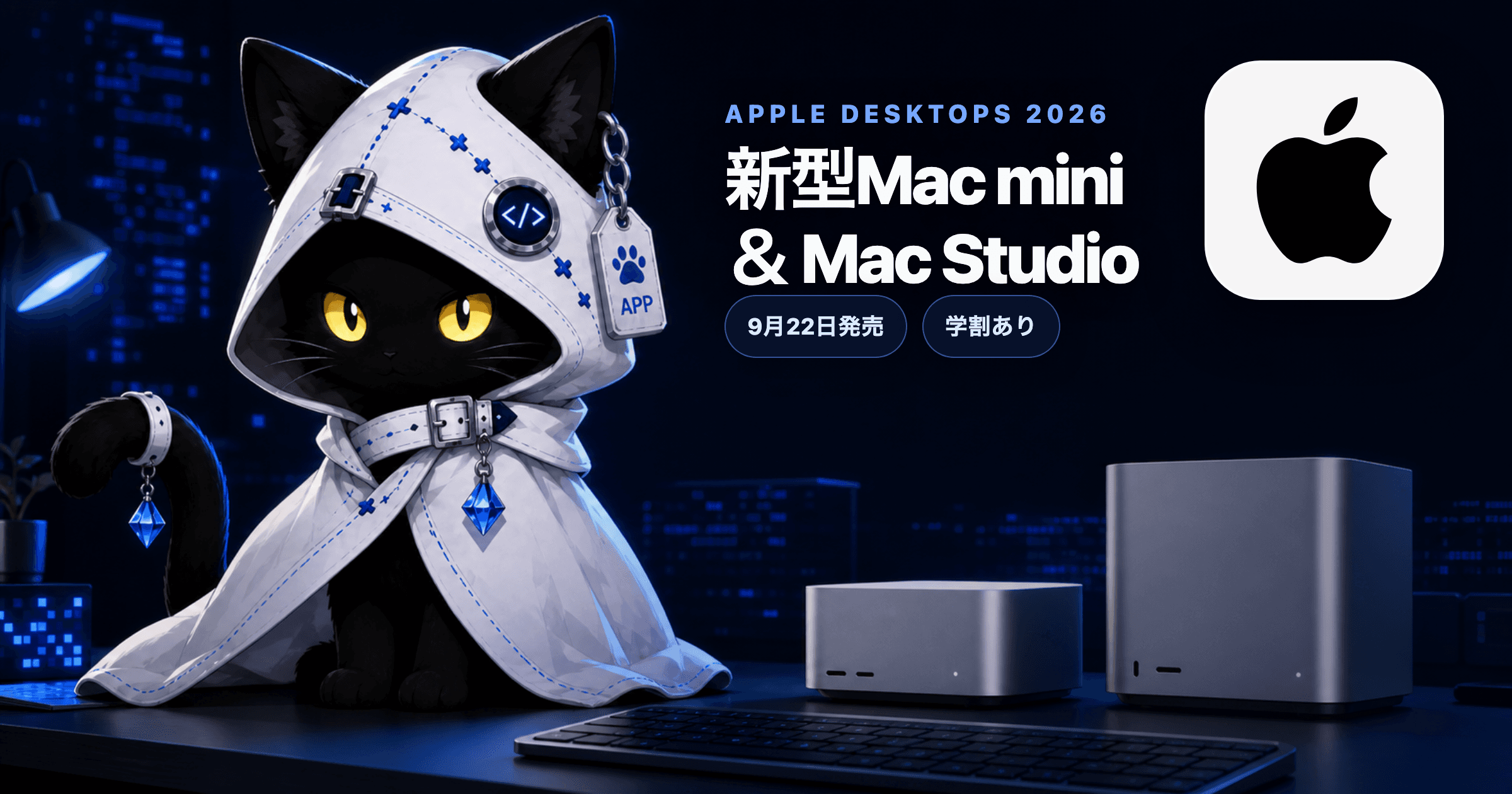 Apple公式マークと白いフードの黒猫、2台の銀色デスクトップで新型Mac miniとMac Studioを表したイラスト