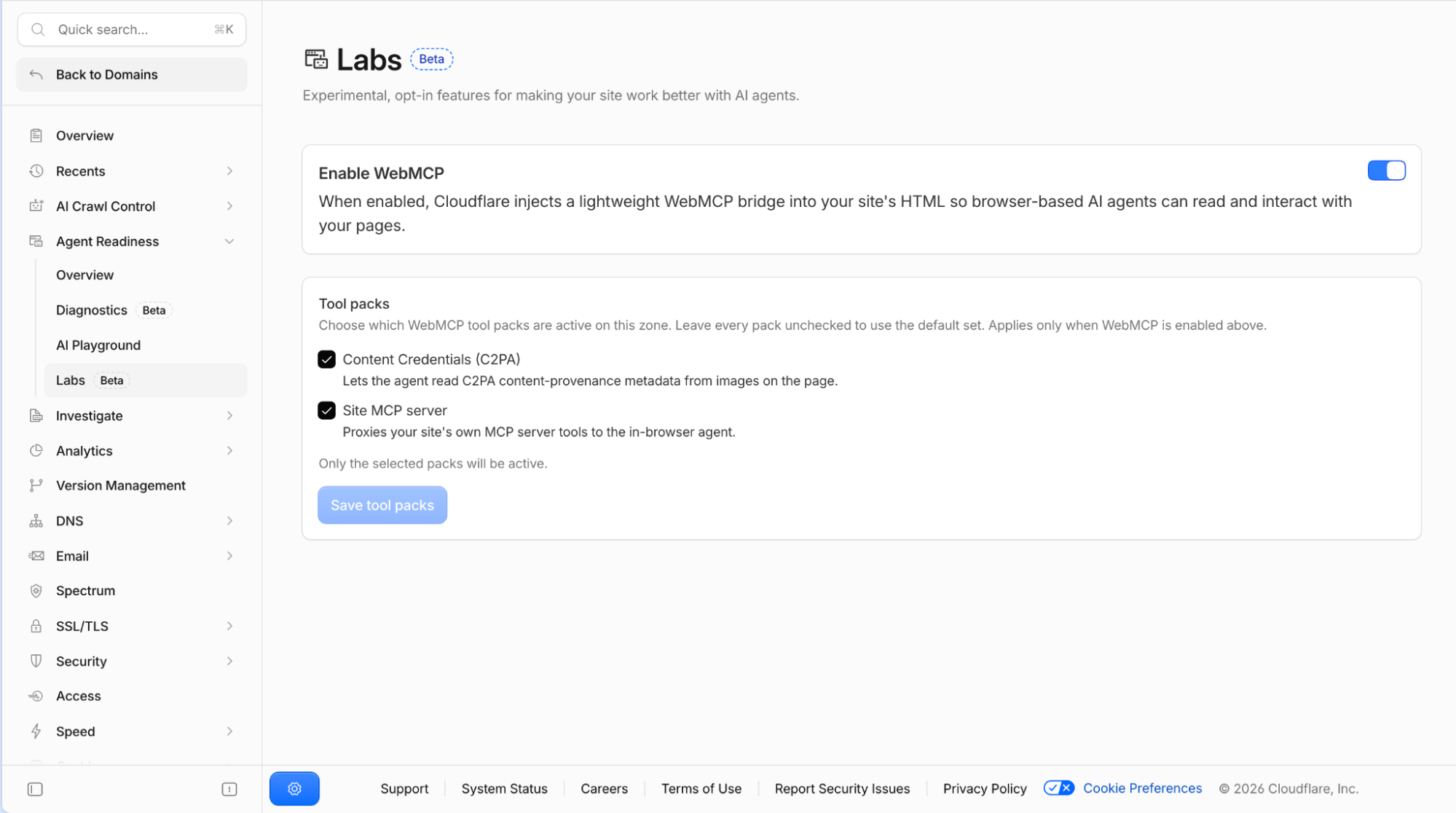 CloudflareダッシュボードのLabs画面にあるWebMCPスイッチと2つのツールパック